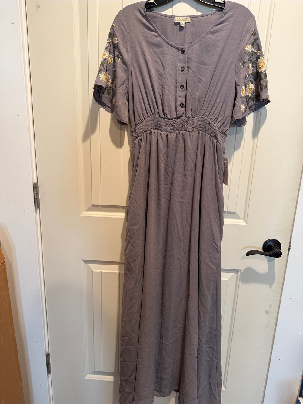Polagram Dusty Lavender Maxi Dress with Yellow Floral Embroidery